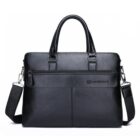 Black leather laptop bag with handles, front zipper pocket, and detachable shoulder strap.
