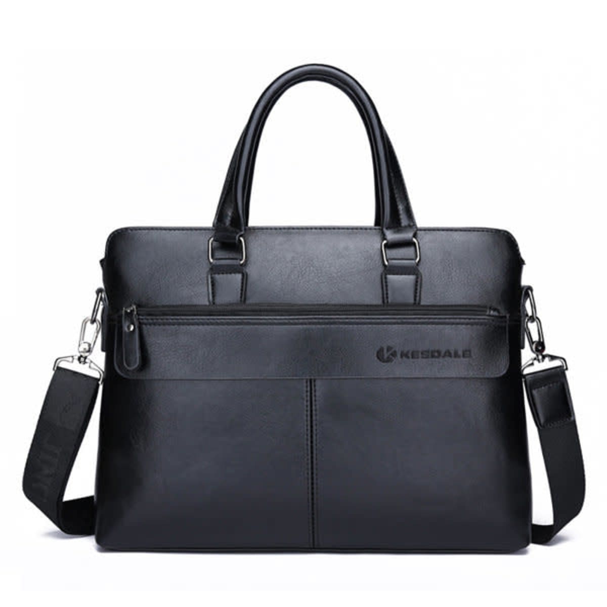 Black leather laptop bag with handles, front zipper pocket, and detachable shoulder strap.