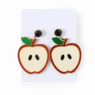 Apple-shaped earrings with green leaves and black stud tops on a white card.
