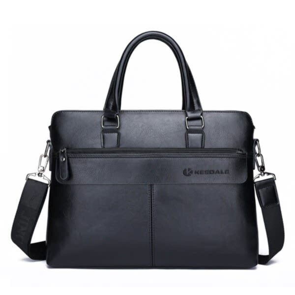 Black leather laptop bag with handles, front zipper pocket, and detachable shoulder strap.