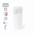 White stainless steel travel mug with flip lid, 380 ml capacity, double wall insulation.
