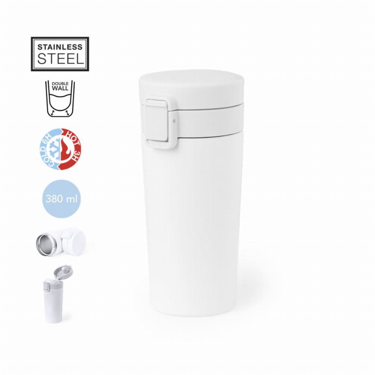 White stainless steel travel mug with flip lid, 380 ml capacity, double wall insulation.