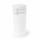 White travel mug with a secure lid and latch, standing upright on a white background.