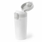 White travel mug with a flip-top lid, shown open against a plain background.
