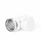 White thermos flask lying on its side with the lid open, showing the metal interior.