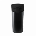 Black travel coffee tumbler with a closed lid, isolated on a white background.