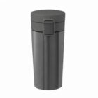 A gray travel coffee mug with a secure flip lid against a white background.
