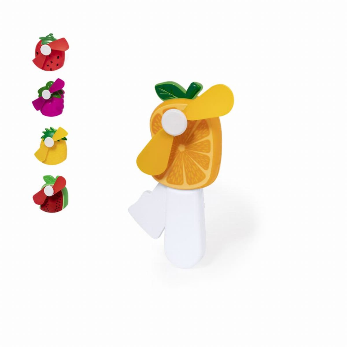 Four colorful fruit-shaped mini fans and one orange slice fan with yellow blades on white background.