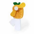 A handheld fan shaped like an orange slice with yellow blades and a white handle.