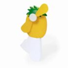 Yellow toy fan with green blades and white handle, viewed from the side on a white background.