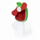Handheld fan shaped like a watermelon slice with red blades and a green edge.