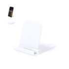 A white foldable phone stand, shown open with a phone and closed on a white background.