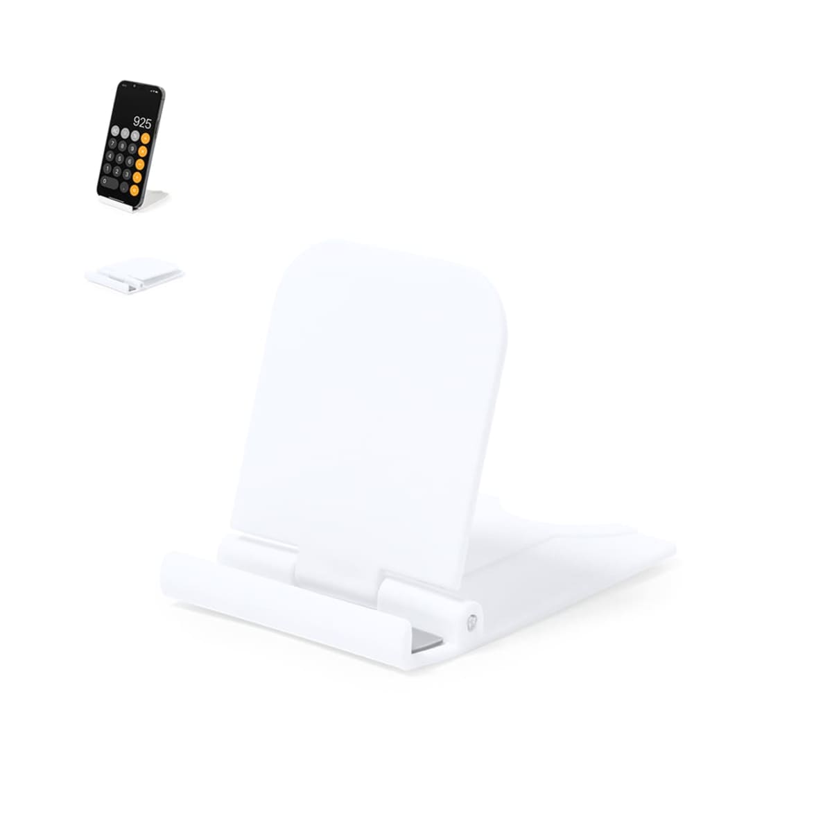 A white foldable phone stand, shown open with a phone and closed on a white background.