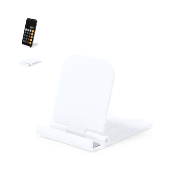 White adjustable phone stand with a smartphone displayed on it in the top left corner.