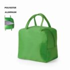 Green insulated lunch bag with handles, made of polyester and aluminum.