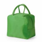 Bright green square-shaped fabric bag with handles and a zipper, shown on a white background.