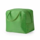 Green insulated lunch bag with handles, zipped closed, on a white background.
