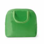 Green fabric handbag with short handles on a white background.