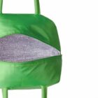 Green insulated lunch bag with zipper open, showing silver lining inside.