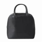 Black handbag with rounded corners and two short handles against a white background.