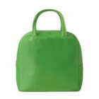 Bright green, square-shaped handbag with two short handles, viewed from the front.