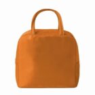 Orange handbag with two short handles, plain design, against a white background.