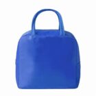 Bright blue handbag with two short handles, shown against a plain white background.