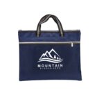 Navy blue zippered bag with handles and a mountain logo that says “MOUNTAIN SLOGAN HERE.”.