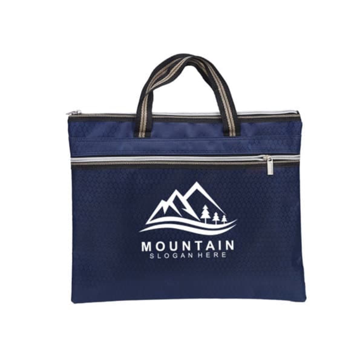 Navy blue zippered bag with handles and a mountain logo that says “MOUNTAIN SLOGAN HERE.”.