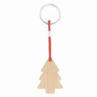 Wooden Christmas tree keychain with a red string and silver key ring.