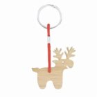 Keychain with a wooden moose charm on a red cord and silver key ring.