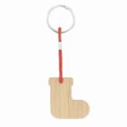 Wooden stocking-shaped keychain with a red cord and metal ring.