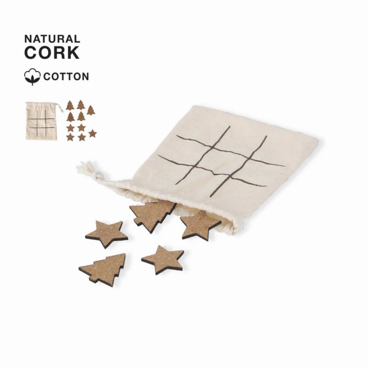 A tic-tac-toe game with cork star and tree pieces, and a cloth bag with a grid.