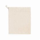 A plain, beige drawstring cloth bag against a white background.