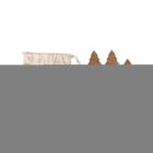 A drawstring bag beside three cork Christmas tree ornaments on a white background.
