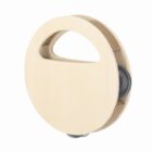 Round wooden tambourine with a handle and two pairs of metal jingles.