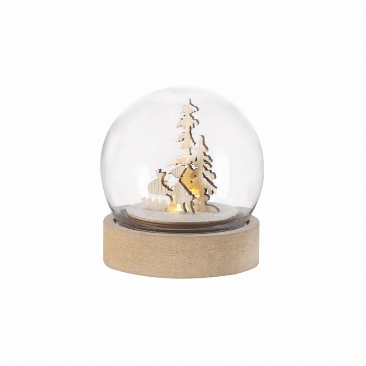 A glass dome with wooden trees and a deer scene on a round wooden base.