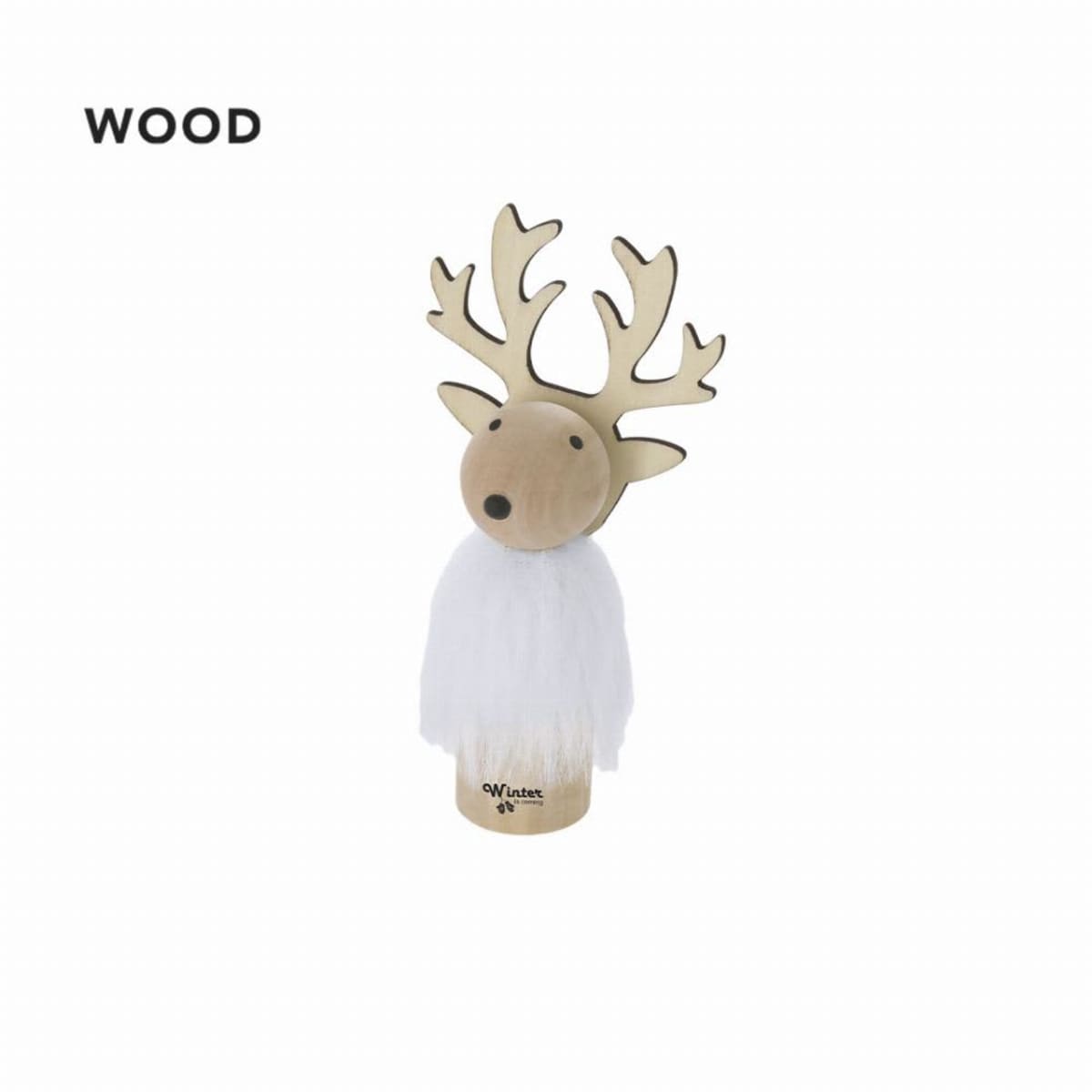 Wooden reindeer figurine with antlers and a white fluffy body on a plain white background.