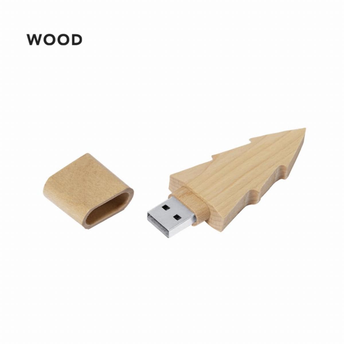Wooden USB flash drive shaped like an arrow, with its cap removed, on a white background.
