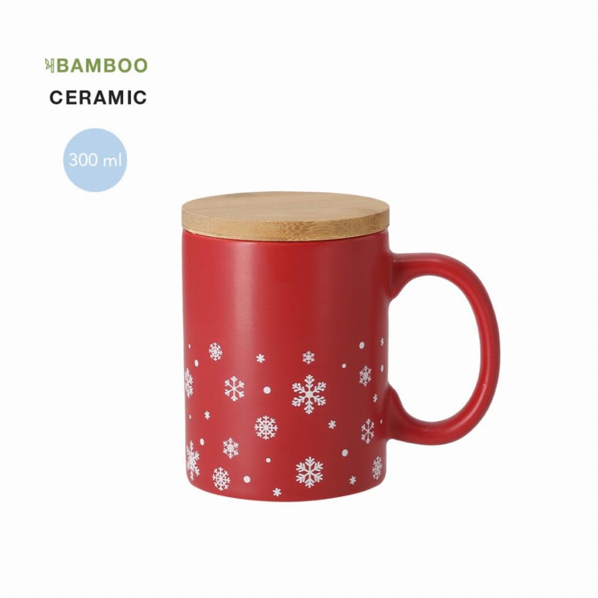 Red ceramic mug with white snowflakes, bamboo lid, and 300 ml text on white background.