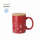 Red ceramic mug with white snowflakes and a bamboo lid, 300 ml capacity.