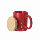 Red mug with white snowflakes and a wooden lid placed beside it on a white background.