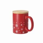 Red mug with white snowflake designs and a wooden lid, on a plain white background.