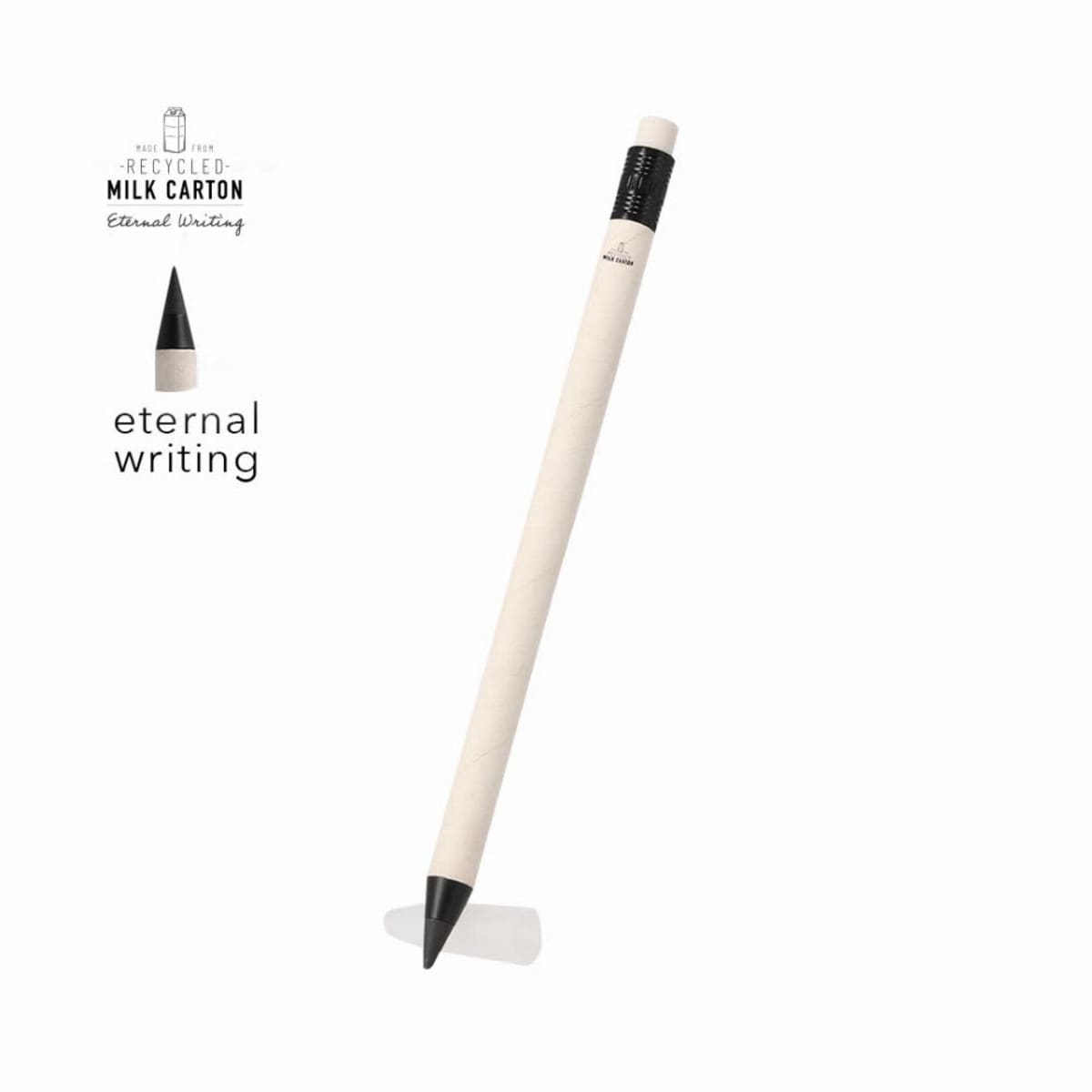 White pen with black tip and eraser, labeled eternal writing, made from recycled milk carton.