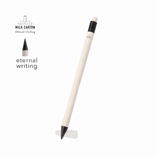 Beige pen with black tip and eraser, labeled eternal writing on a white background.