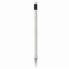 A white mechanical pencil with a black eraser and a clear tip, on a white background.