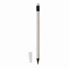 A white pencil with a black tip, black eraser, and a white cap lying beside it.