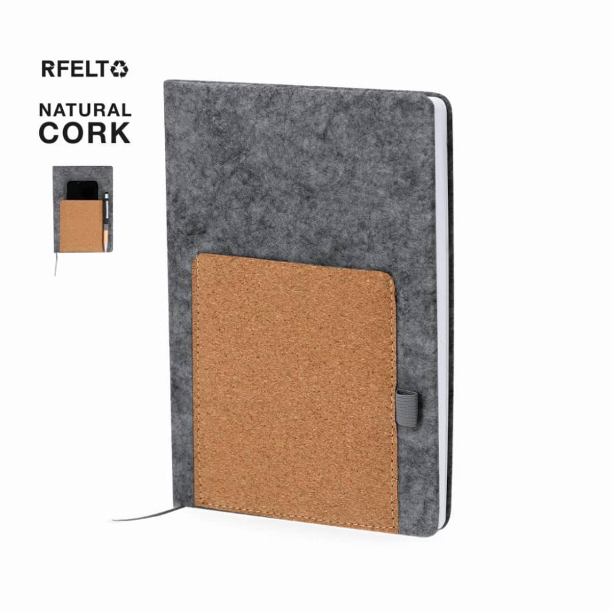 Gray notebook with a natural cork front pocket and an elastic pen holder on the side.