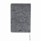Gray felt notebook with rounded corners and a matching ribbon bookmark on a white background.