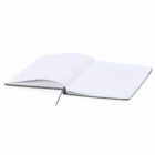 An open, lined notebook with a ribbon bookmark on a white background.